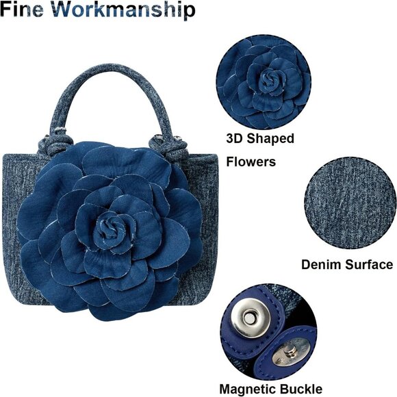 Women's Floral Denim Slim Crossbody Purse with Handmade Flower, Adjustable Strap - Picture 4 of 6